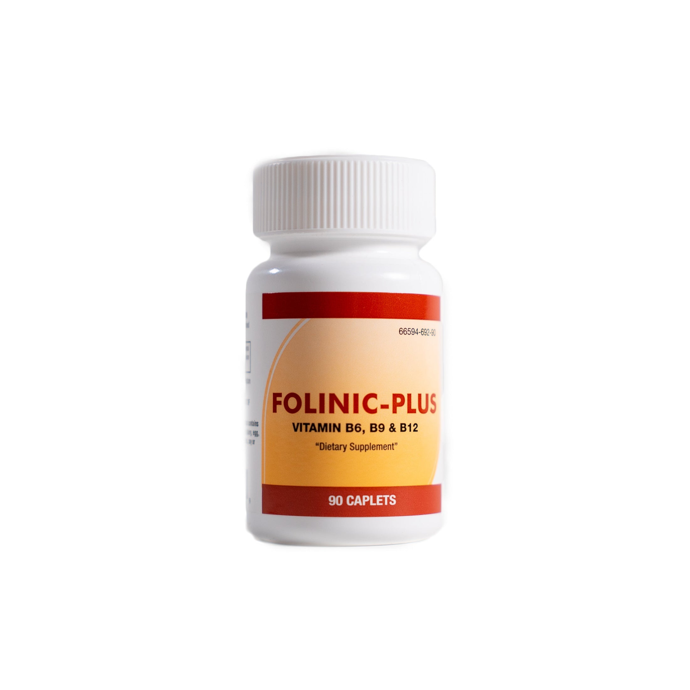 A bottle of Folinic-Plus vitamins, which contains a blend of B6, B9, and B12 vitamins. The bottle is labeled with the product name and has 90 tablets per bottle.